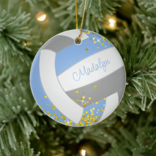 pretty light blue grey volleyball w gold stars ceramic ornament
