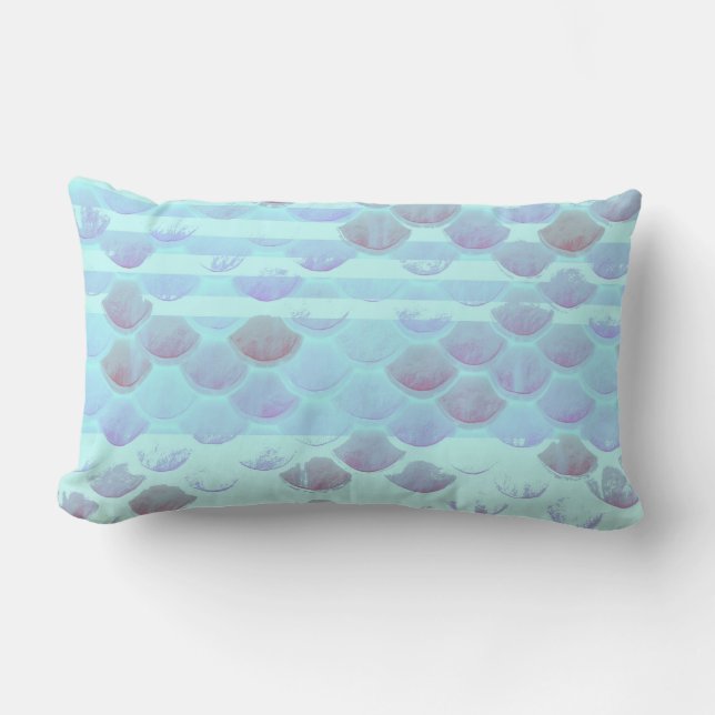 Pretty Light Blue Striped Mermaid Fish Scales Lumbar Pillow (Front)
