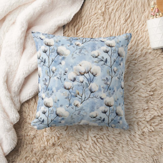 Pretty Light Blue White Floral Throw Pillow (Blanket)