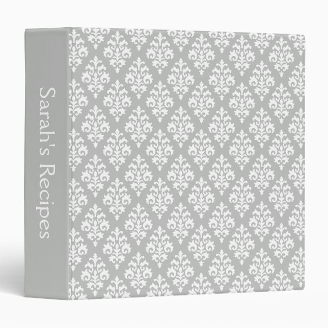 Pretty Light Grey and White Damask Pattern Binder (Front/Spine)