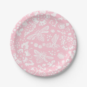 Pretty Light Pink Bee Floral Garden Pattern Paper Plate