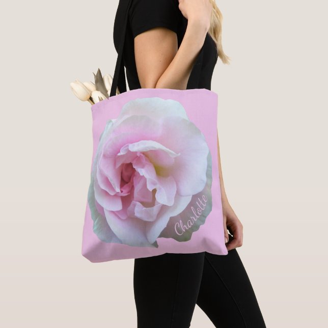 Pretty Light Pink Rose Custom Name Tote Bag (Close Up)