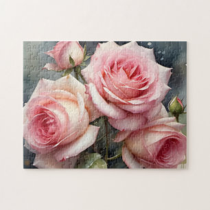 Pretty light pink roses garden watercolor painting jigsaw puzzle