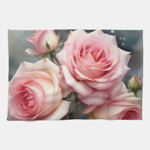 Pretty light pink roses garden watercolor painting kitchen towel