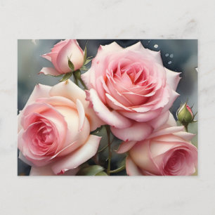 Pretty light pink roses garden watercolor painting postcard