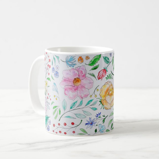 Pretty Light Watercolor Flowers and Buds Pattern Coffee Mug (Front Left)