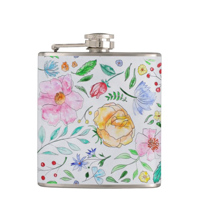 Pretty Light Watercolor Flowers and Buds Pattern Hip Flask (Front)