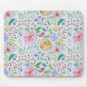 Pretty Light Watercolor Flowers and Buds Pattern Mouse Pad