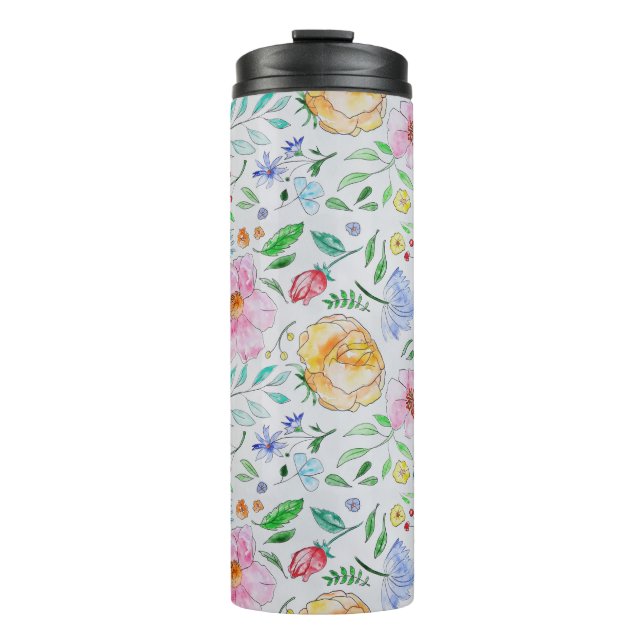 Pretty Light Watercolor Flowers and Buds Pattern Thermal Tumbler (Front)