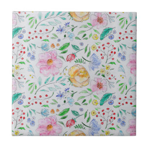Pretty Light Watercolor Flowers and Buds Pattern Tile