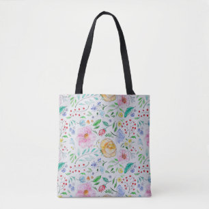 Pretty Light Watercolor Flowers and Buds Pattern Tote Bag