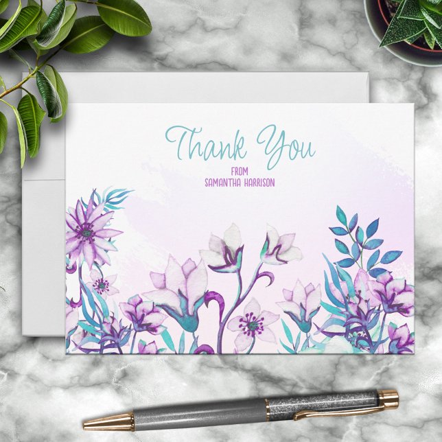 Pretty Lilac/Teal Watercolor Floral Personalized Card (Creator Uploaded)