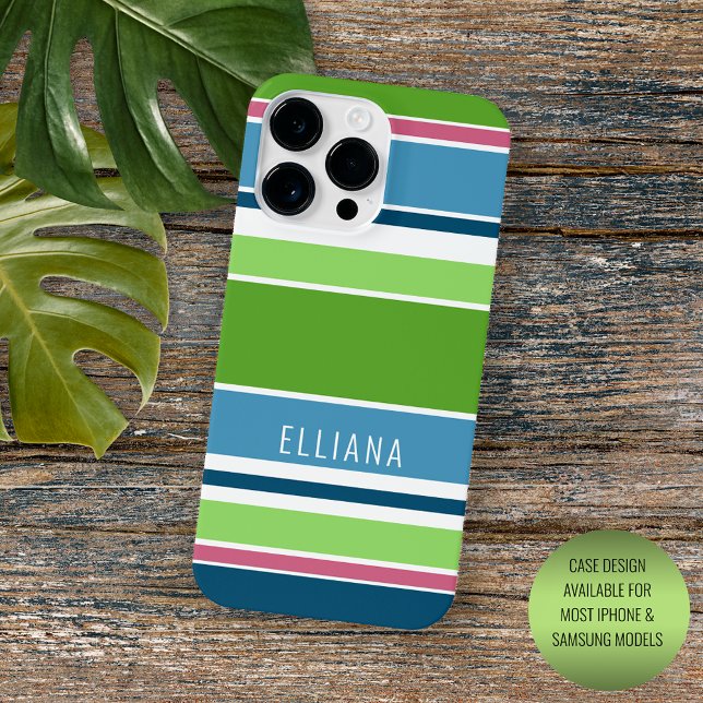 Pretty Lime Green Dark Teal Blue Pink Stripes Art Case-Mate iPhone Case (Creator Uploaded)