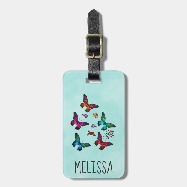 Pretty Little Butterflies on Mint Green Luggage Tag (Front Vertical)