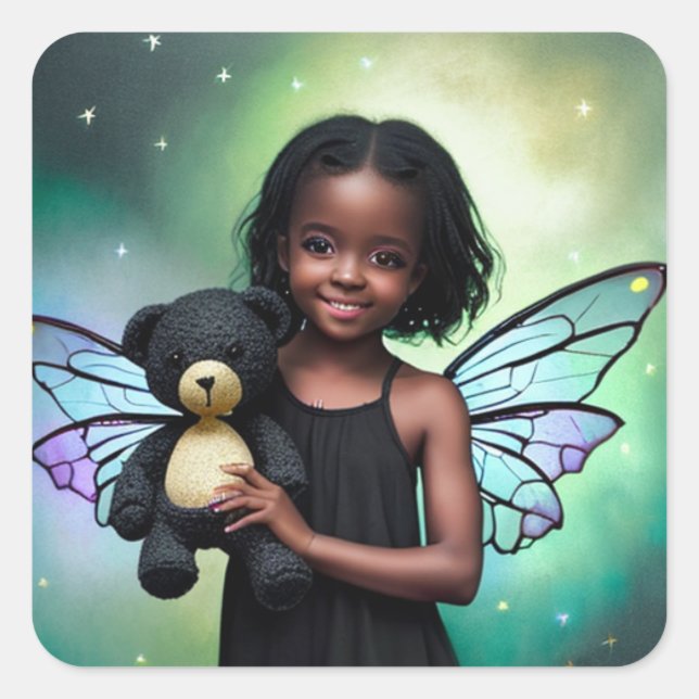 Pretty Little Fairy Girl with Teddy Bear Square Sticker (Front)