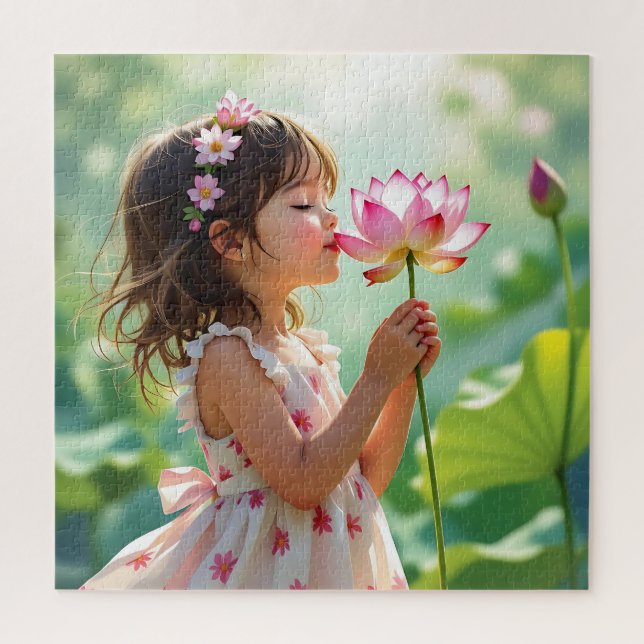 Pretty Little Girl Smelling a Pink Rose Jigsaw Puzzle (Vertical)