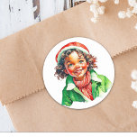Pretty Little Girl Watercolor Christmas Classic Round Sticker<br><div class="desc">Cute vintage style African-American little girl smiling at Christmas time.  Adorable stickers to seal your Christmas cards or goodie bags with.</div>