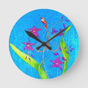 Pretty Little Orchid Bird  Round Clock