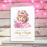Pretty Little Vintage Girl | Pink Christmas Holiday Card<br><div class="desc">Pretty pink and white personalized Christmas card with a vintage little girl smiling with ribbons and flowers Victorian old-fashioned style Christmas.</div>