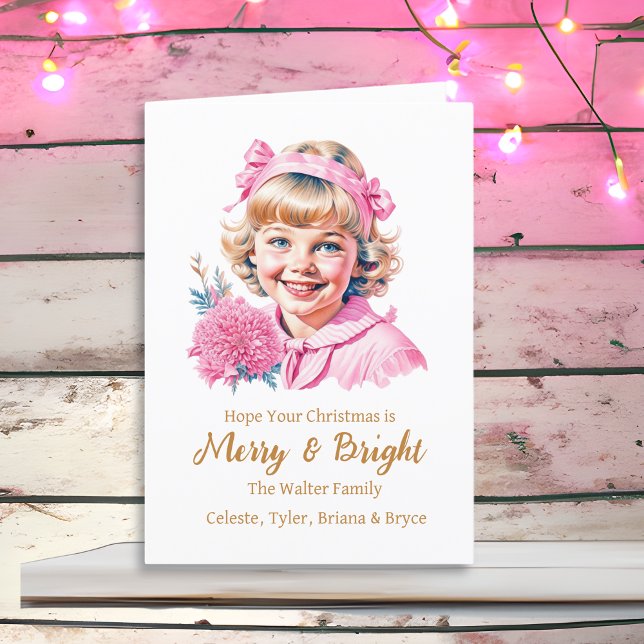 Pretty Little Vintage Girl | Pink Christmas Holiday Card (Creator Uploaded)