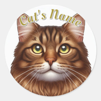 Pretty Longhaired Brown Tabby Cat • Personalized Classic Round Sticker