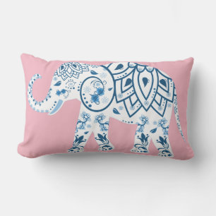 Pretty Lotus Flower Patterned Elephant Lumbar Pillow