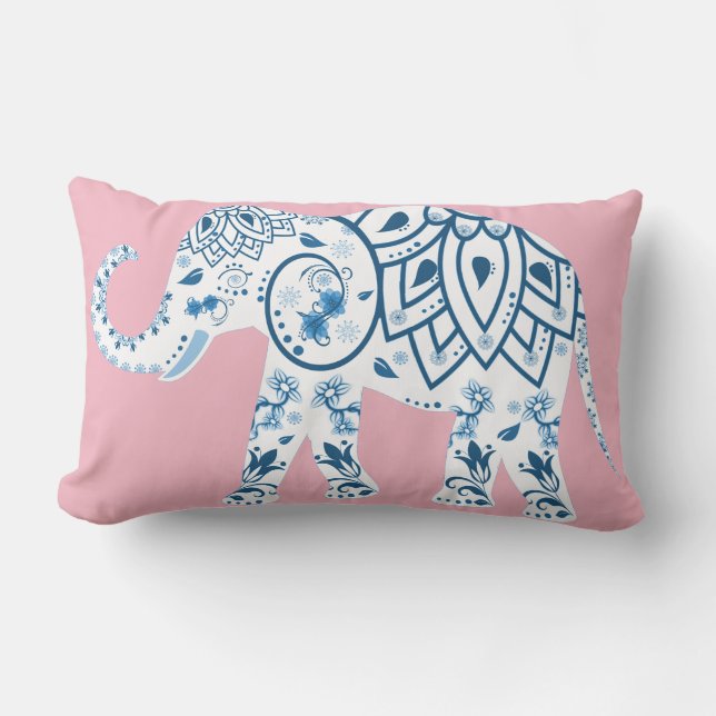 Pretty Lotus Flower Patterned Elephant Lumbar Pillow (Front)
