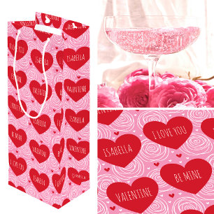 Pretty Love Heart Custom Text Modern Valentines Wine Gift Bag