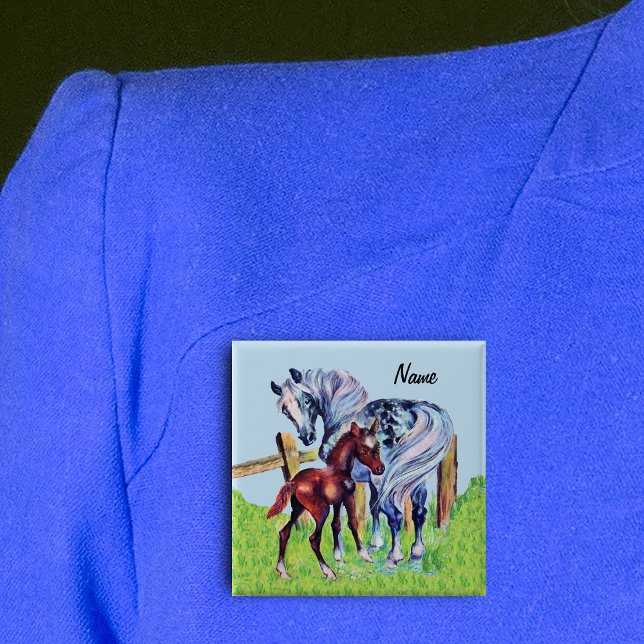 Pretty Loving Mother Horse with Brown Colt Grass 2 Inch Square Button (Pretty mother horse in grass field with brown baby colt by fence on square pin back button.)