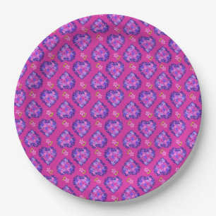 Pretty Magenta Hearts and Flowers Paper Plate