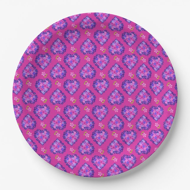 Pretty Magenta Hearts and Flowers Paper Plate (Front)