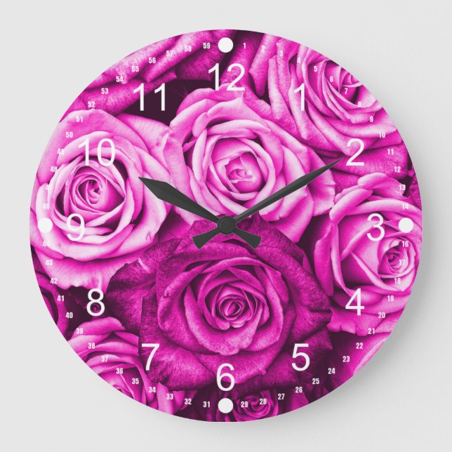 Pretty Magenta Pink Roses Flower Bouquet Large Clock (Front)