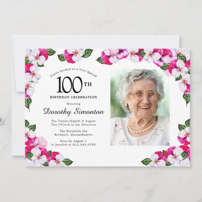 Pretty Magenta Pink White Photo 100th Birthday Invitation (Front)