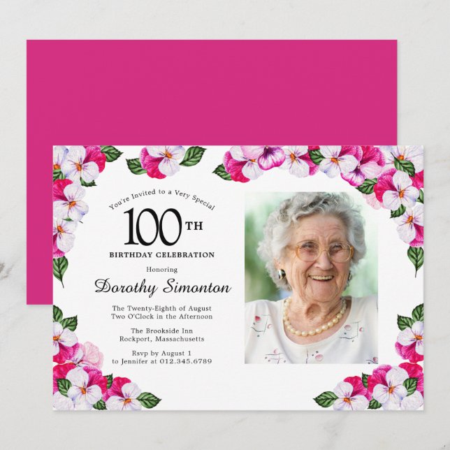 Pretty Magenta Pink White Photo 100th Birthday Invitation (Front/Back)