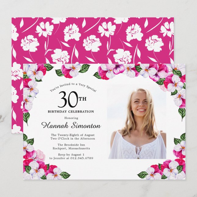 Pretty Magenta Pink White Photo 30th Birthday Invitation (Front/Back)