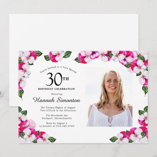 Pretty Magenta Pink White Photo 30th Birthday Invitation (Front/Back)