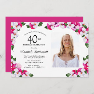 Pretty Magenta Pink White Photo 40th Birthday Invitation