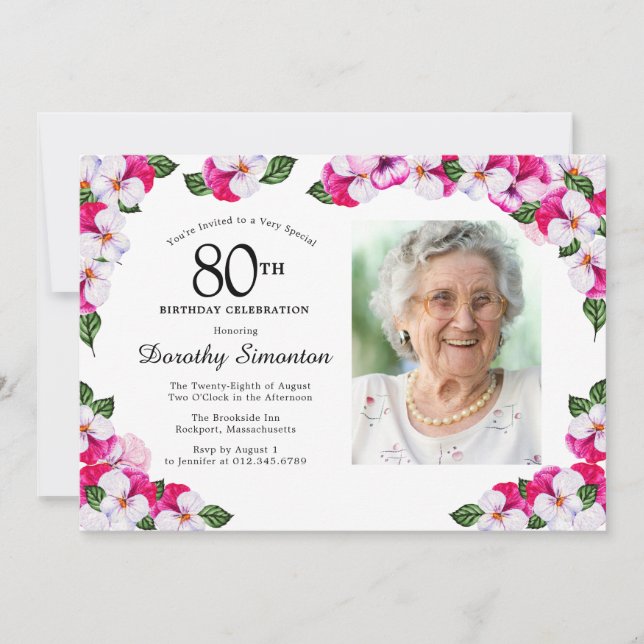 Pretty Magenta Pink White Photo 80th Birthday Invitation (Front)