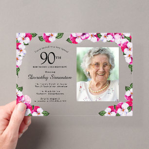 Pretty Magenta Pink White Photo 90th Birthday Acrylic Invitations