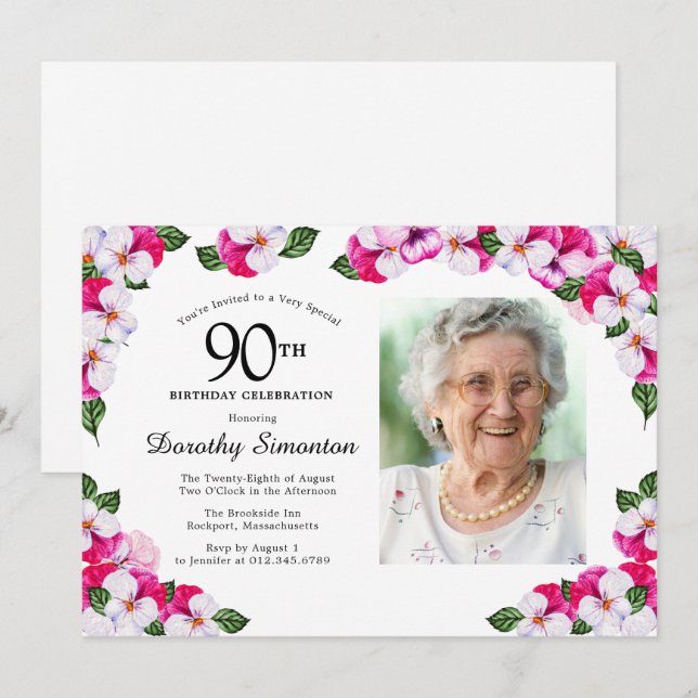 Pretty Magenta Pink White Photo 90th Birthday Invitation (Front/Back)
