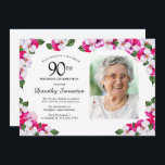 Pretty Magenta Pink White Photo 90th Birthday Invitation<br><div class="desc">An elegant frame of watercolor pansies surrounds your 90th birthday party details and photo. The bright and colourful magenta, pink and white floral is perfect for a spring or summer birthday celebration. All of the text is editable so you can create just the right vibe. The back of the invitation...</div>