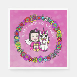 Pretty Magenta Unicorn and Fairy Personalized Napkin