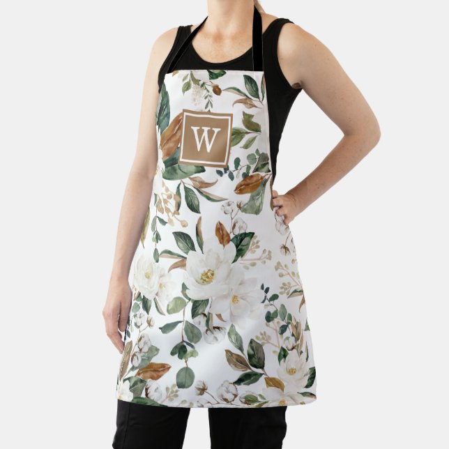 Pretty Magnolia Floral Botanical Greenery Monogram Apron (Insitu)