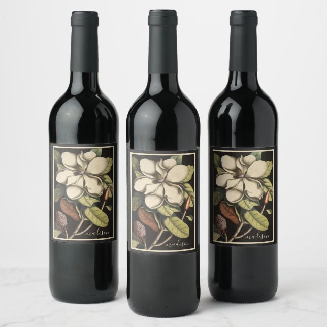 Pretty Magnolia Floral Script Name Wine Label (Bottles)