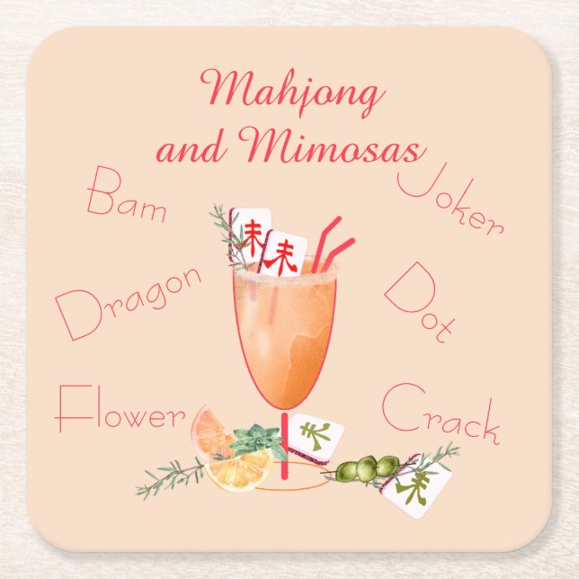 Pretty Mahjong Tiles and Fancy Cocktail Square Paper Coaster (Front)