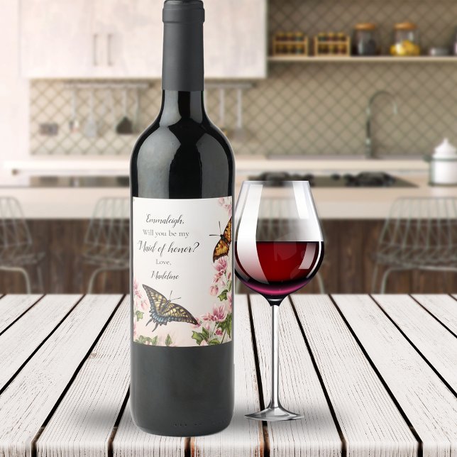 Pretty Maid of Honour Proposal Floral Butterflies Wine Label (Creator Uploaded)