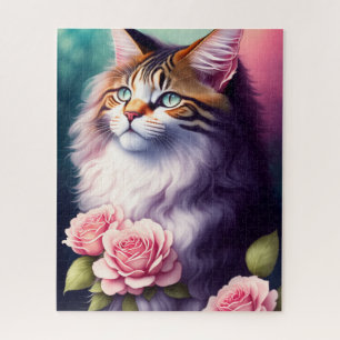 Pretty Maine Coon & Flowers Portrait  Jigsaw Puzzle