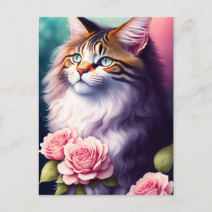 Pretty Maine Coon & Flowers Portrait  Postcard