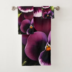 Pretty maroon daek red pansies watercolor painting bath towel set