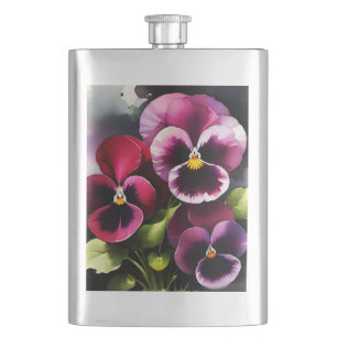 Pretty maroon daek red pansies watercolor painting hip flask